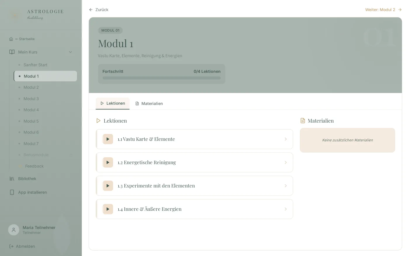 Vista del alumno: módulos y lecciones claras.