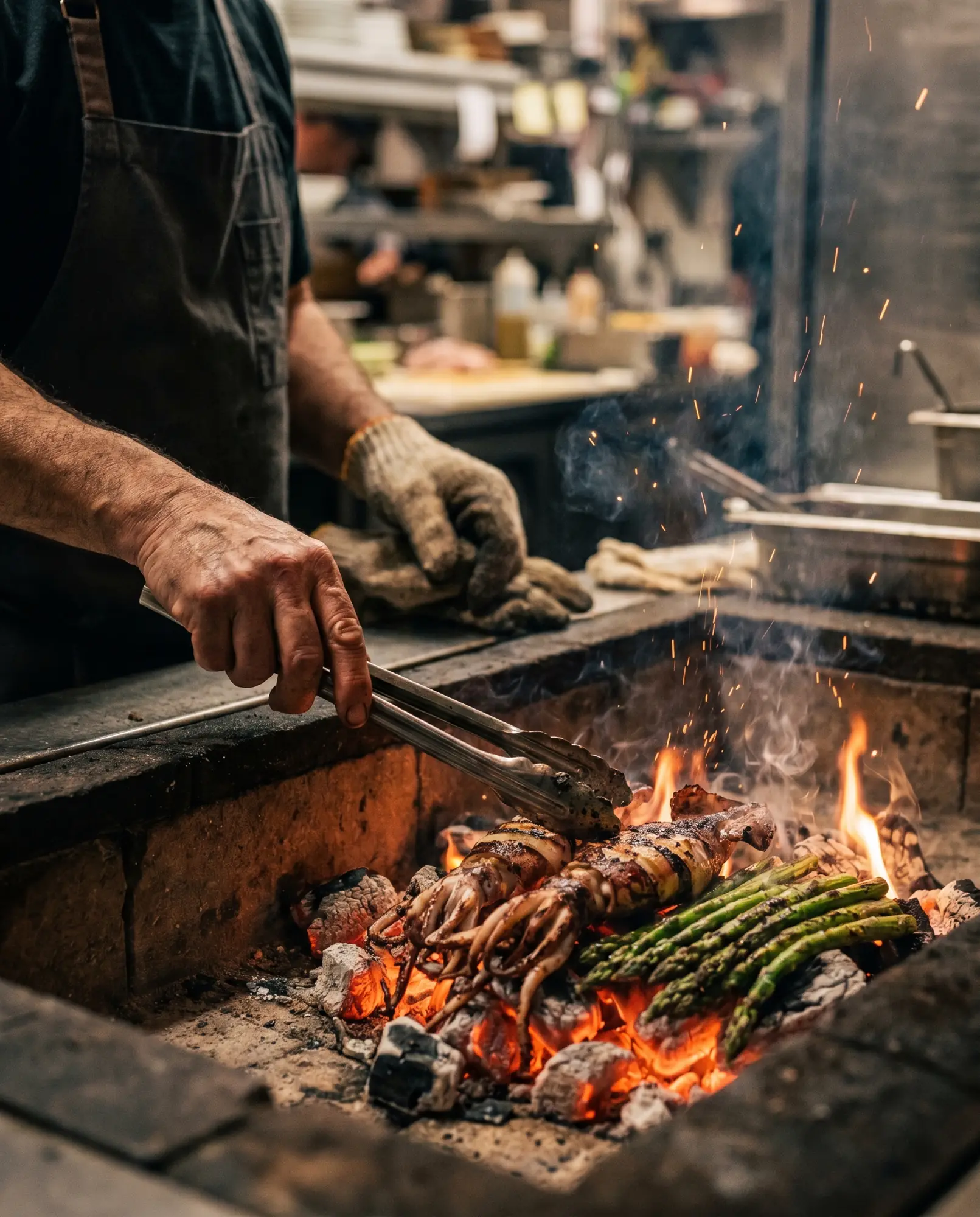 A cook tending cuts over glowing embers at Brasa