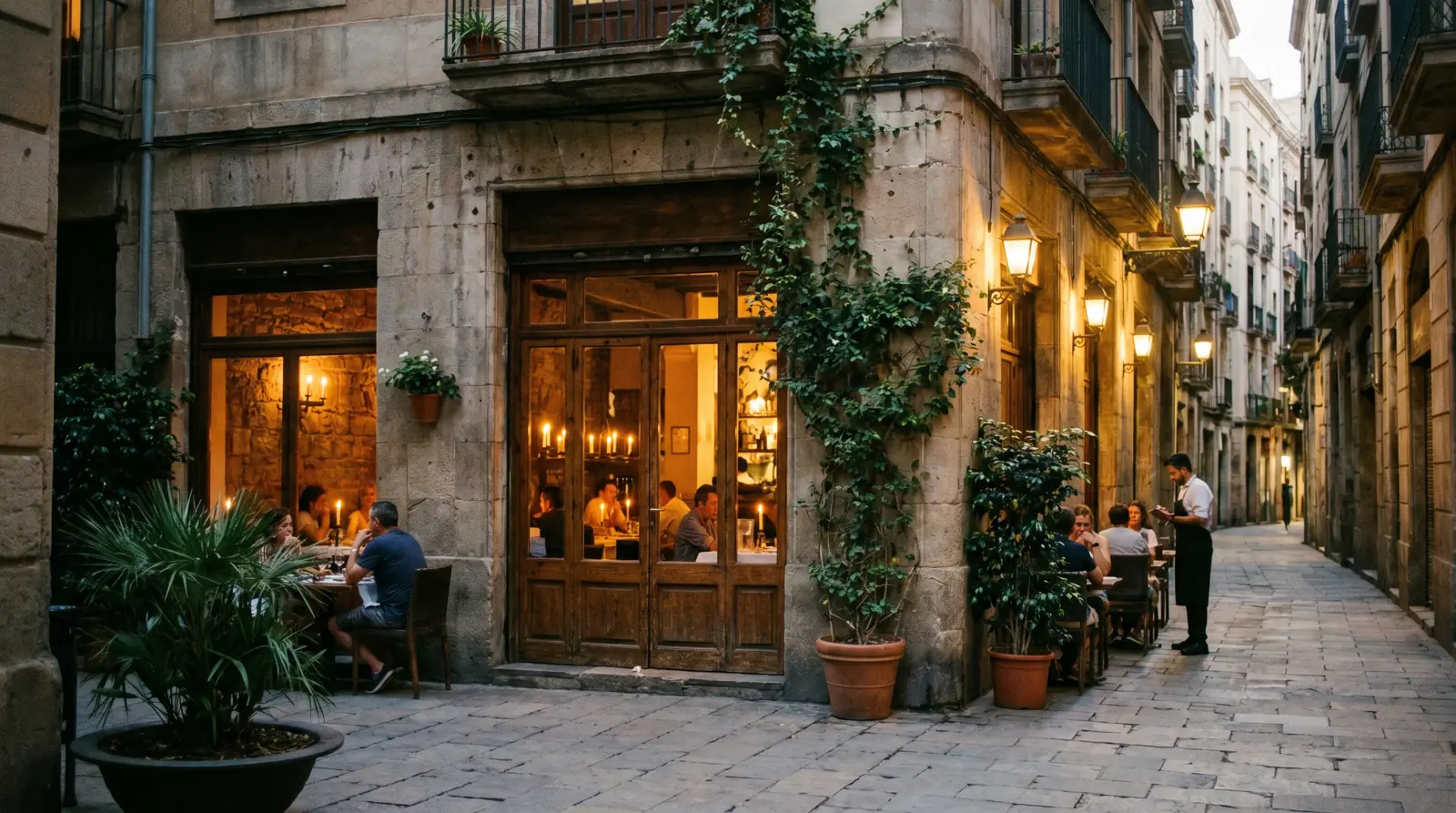 The Brasa storefront at dusk on a Gothic Quarter lane in Barcelona