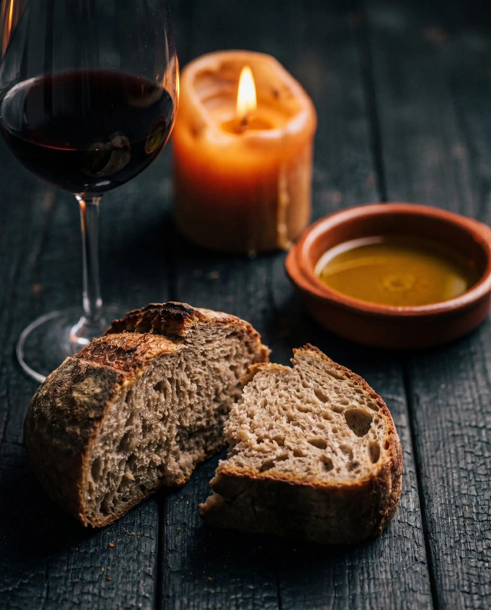 Wine, bread and a pour of olive oil on the table
