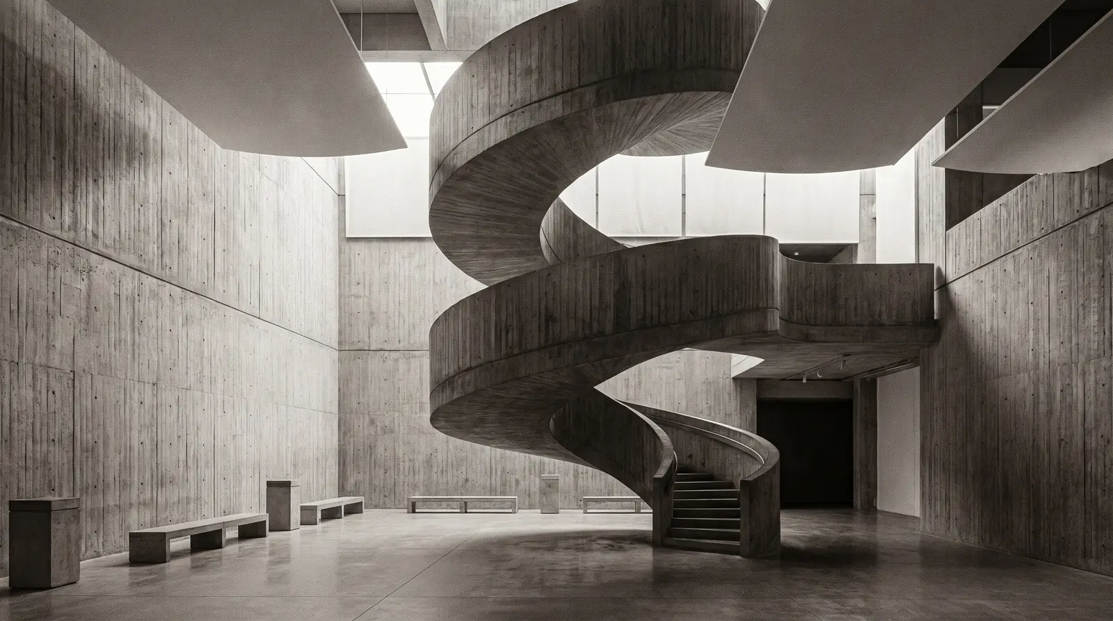 Espai Llum: A dramatic concrete cultural center interior with a monumental spiral staircase and raw concrete walls