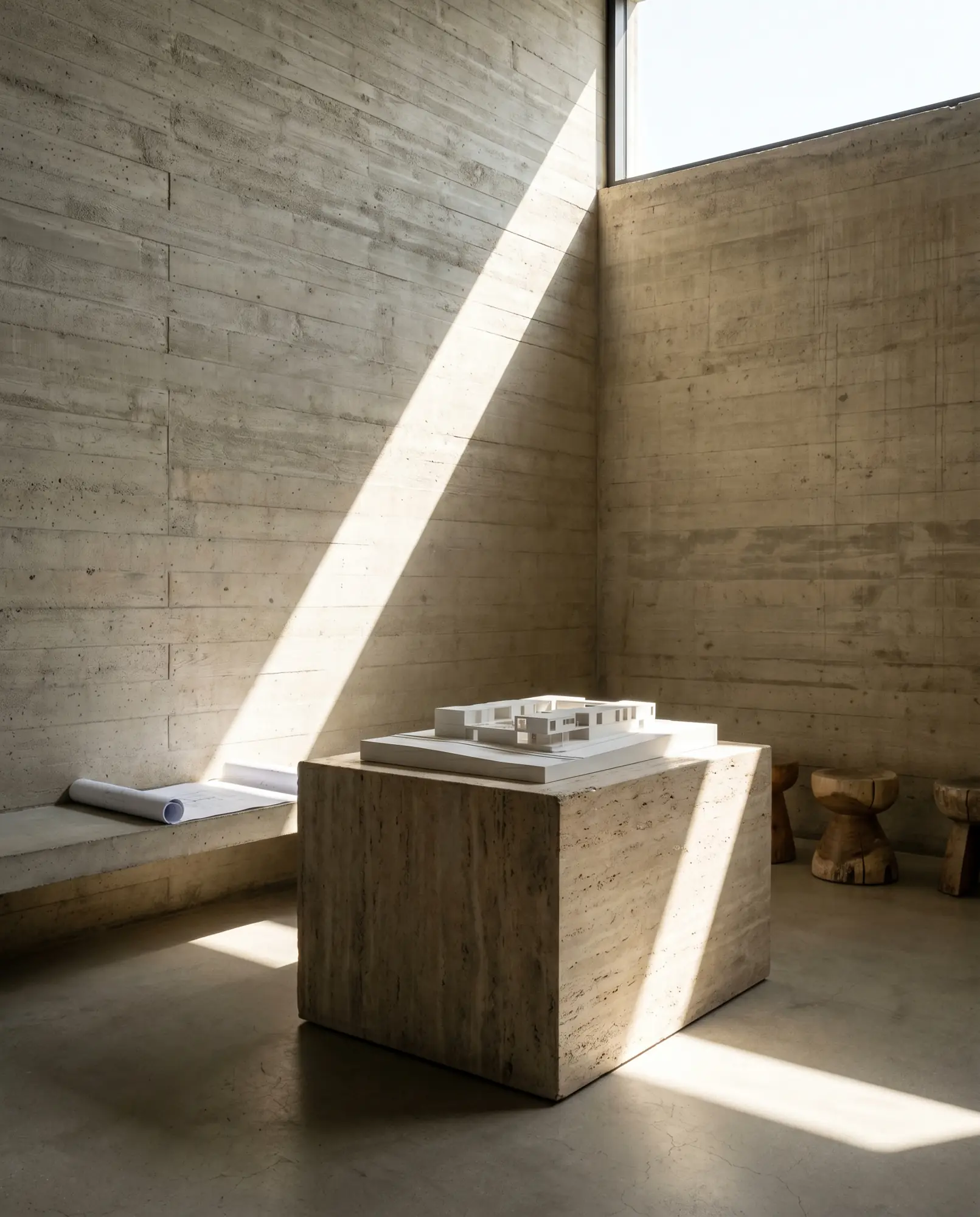 Concepto Estudio Forma, estudio de hormigón con una maqueta arquitectónica