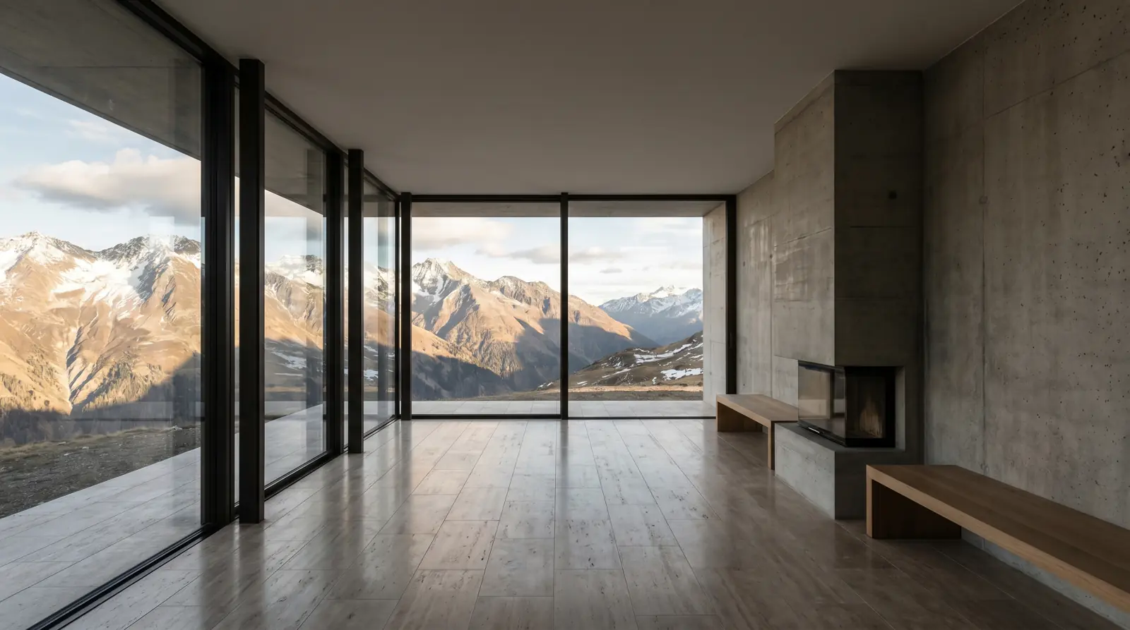 Refugi: A modern concrete mountain retreat with floor-to-ceiling windows overlooking a dramatic landscape