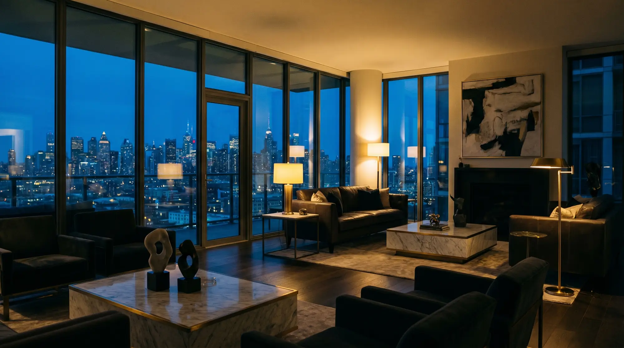 Concepto Meridian Estate Group, interior de ático de lujo al atardecer