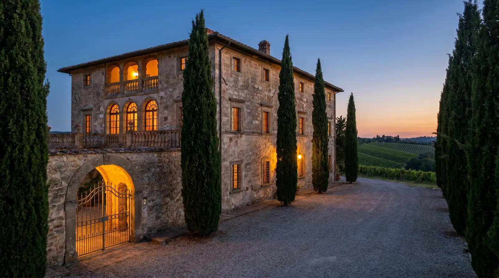 Historic Tuscan estate surrounded by cypress trees