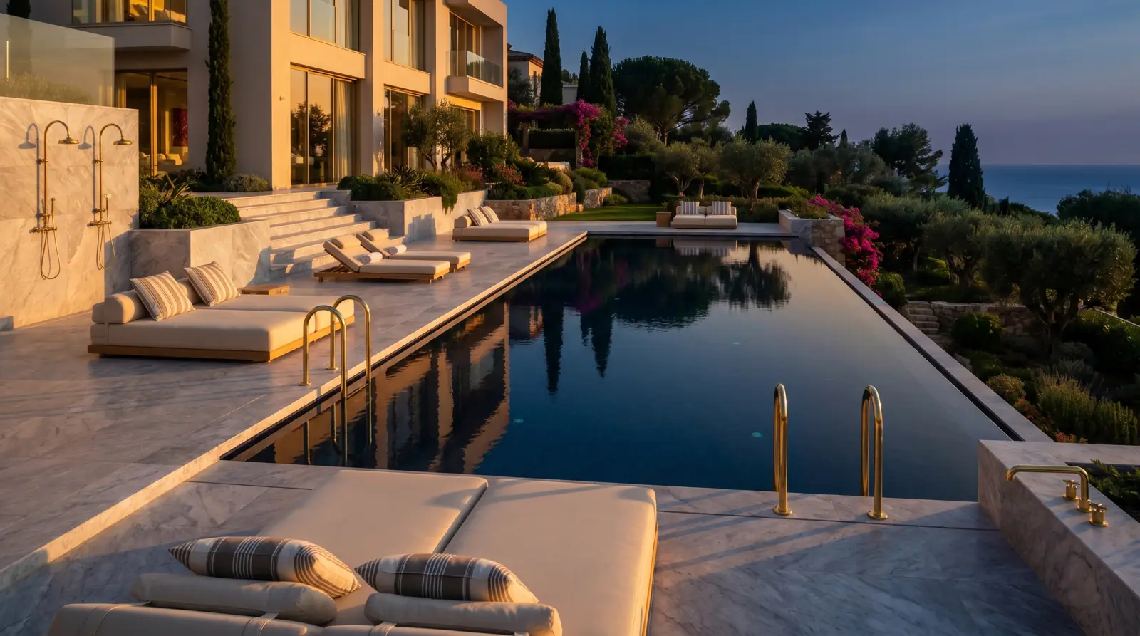 Modern luxury villa with swimming pool and lounge area