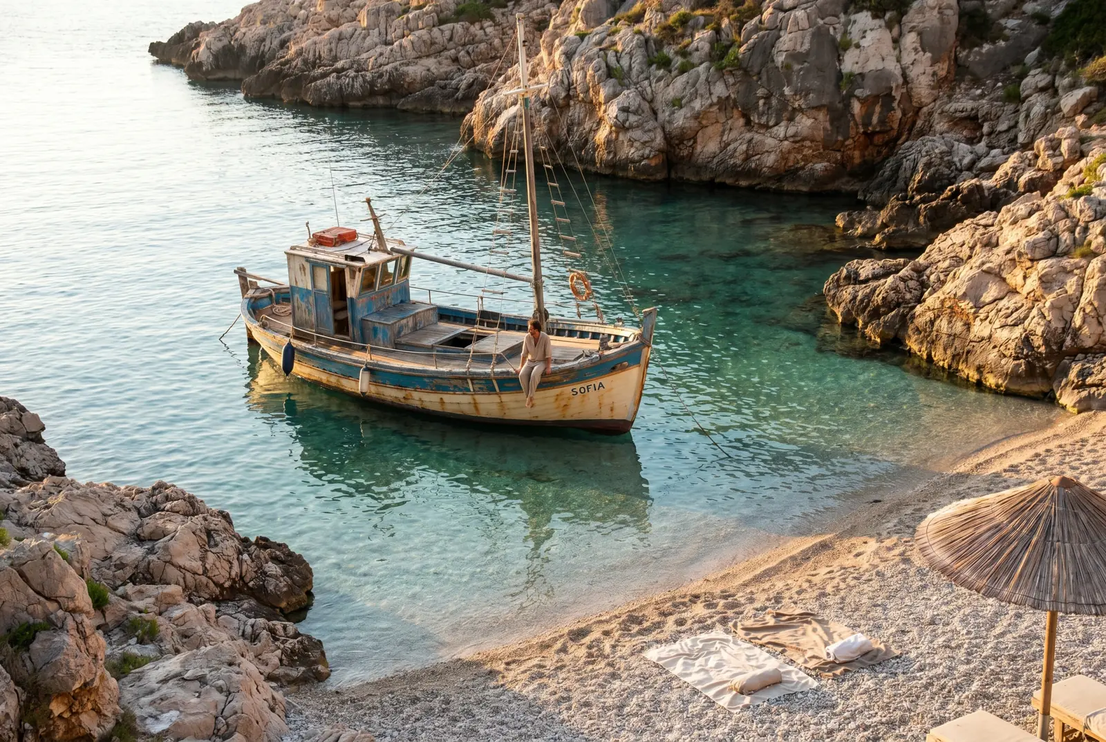 Traditional wooden boat in a secluded cove