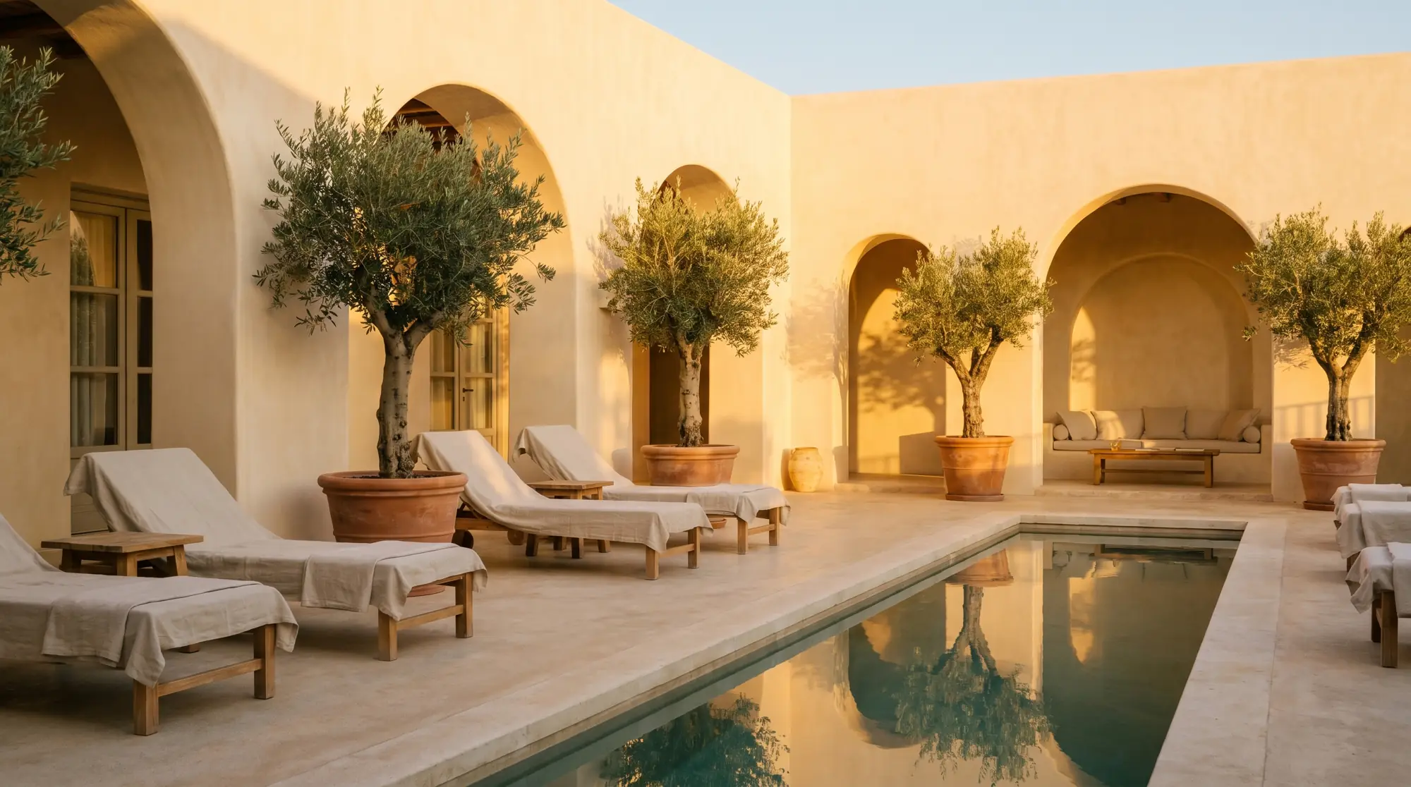 Casa Serena concept — a sun-washed Mediterranean hotel courtyard