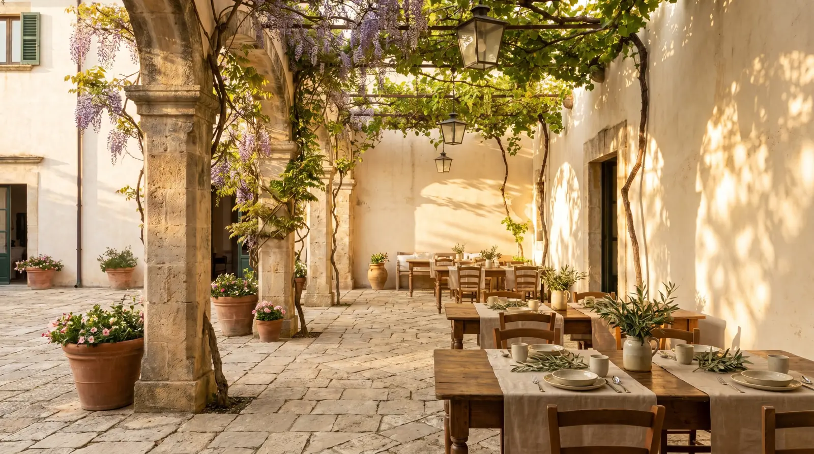 Sunlit courtyard with linen-draped tables