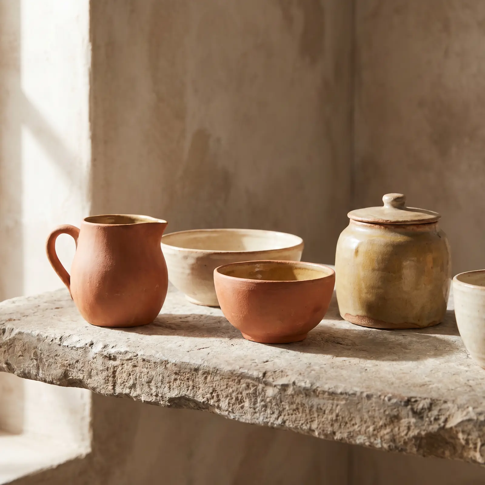 Hand-thrown ceramic on a stone shelf