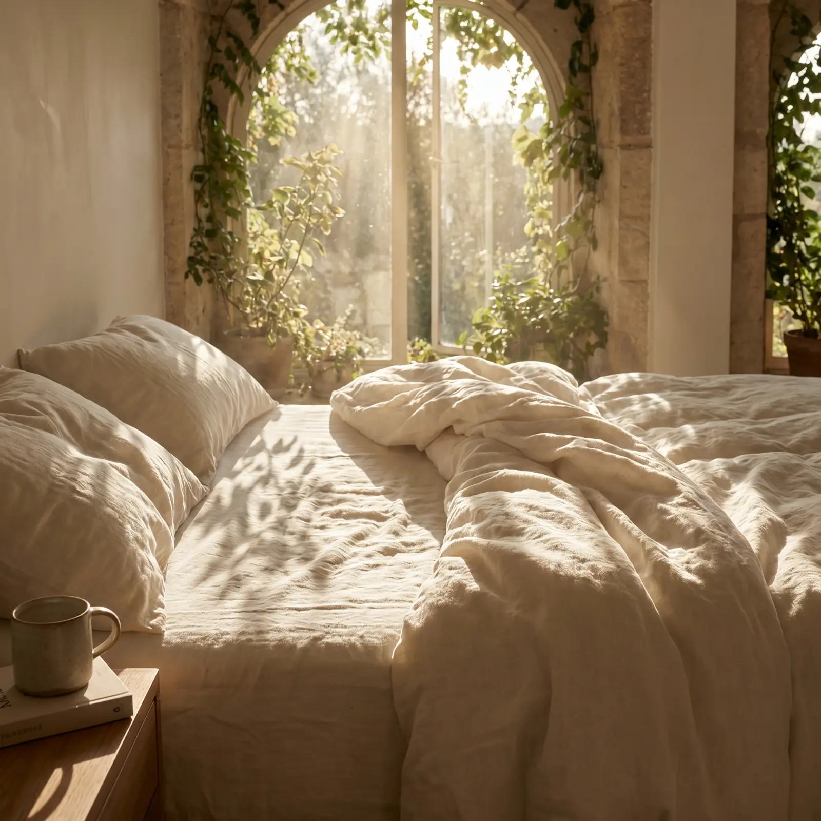 Morning light falling across linen sheets