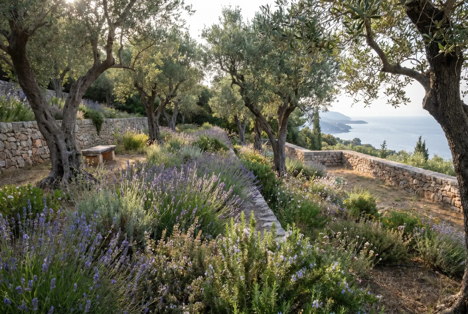 Terraced garden with olive trees and lavender