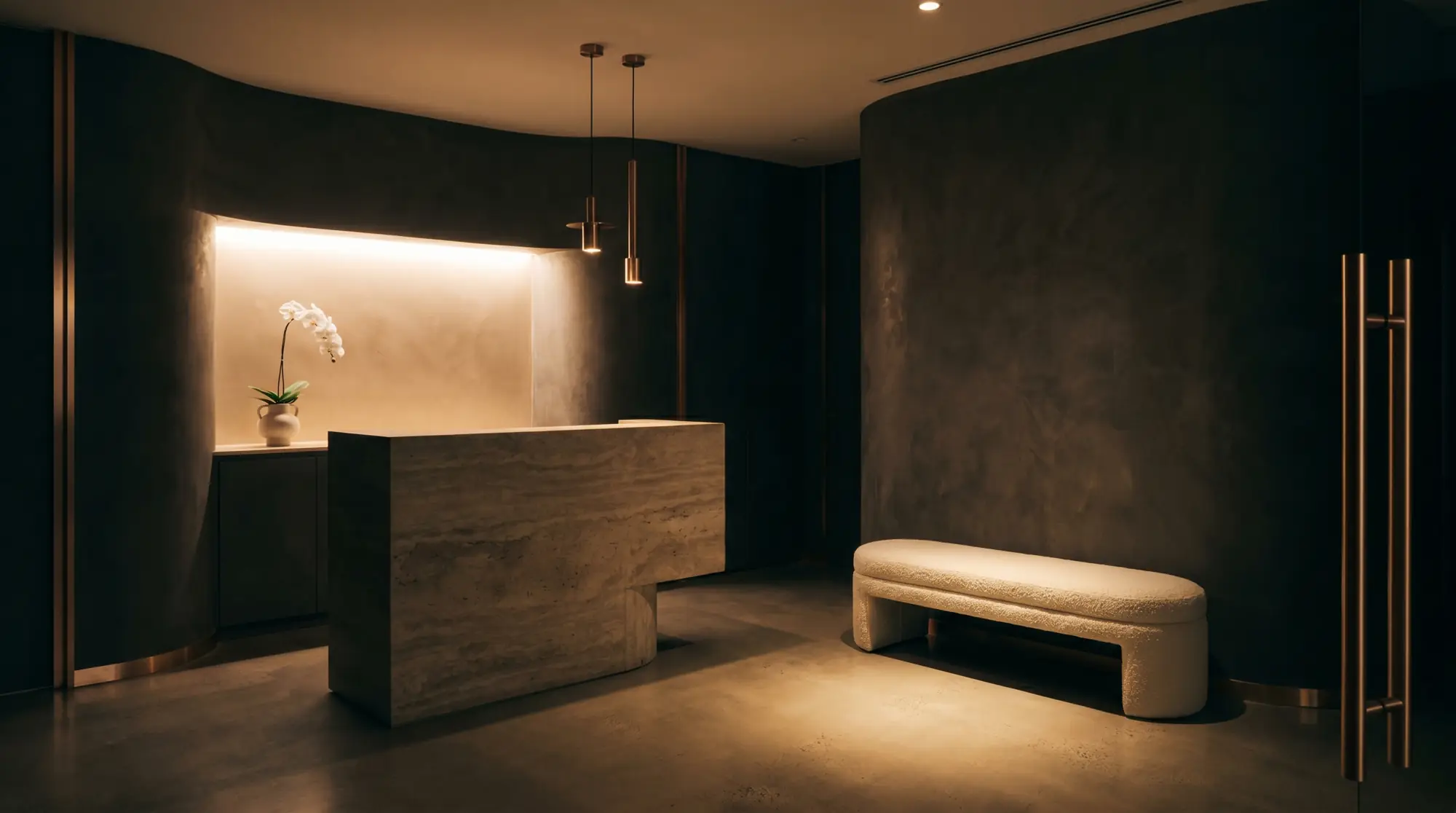 Velara Aesthetics concept — a rose-gold accented clinic reception